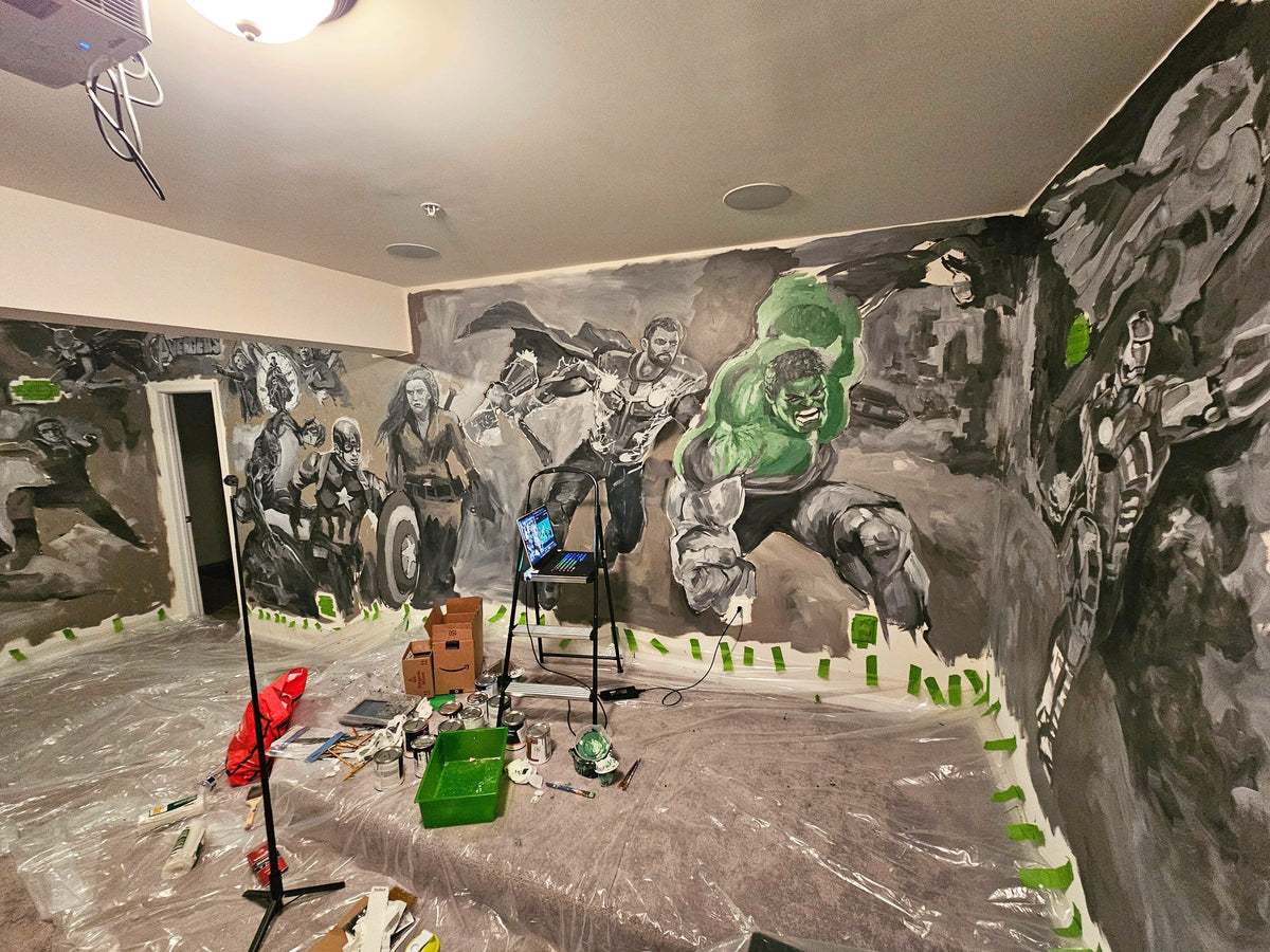 Home theater mural across three walls